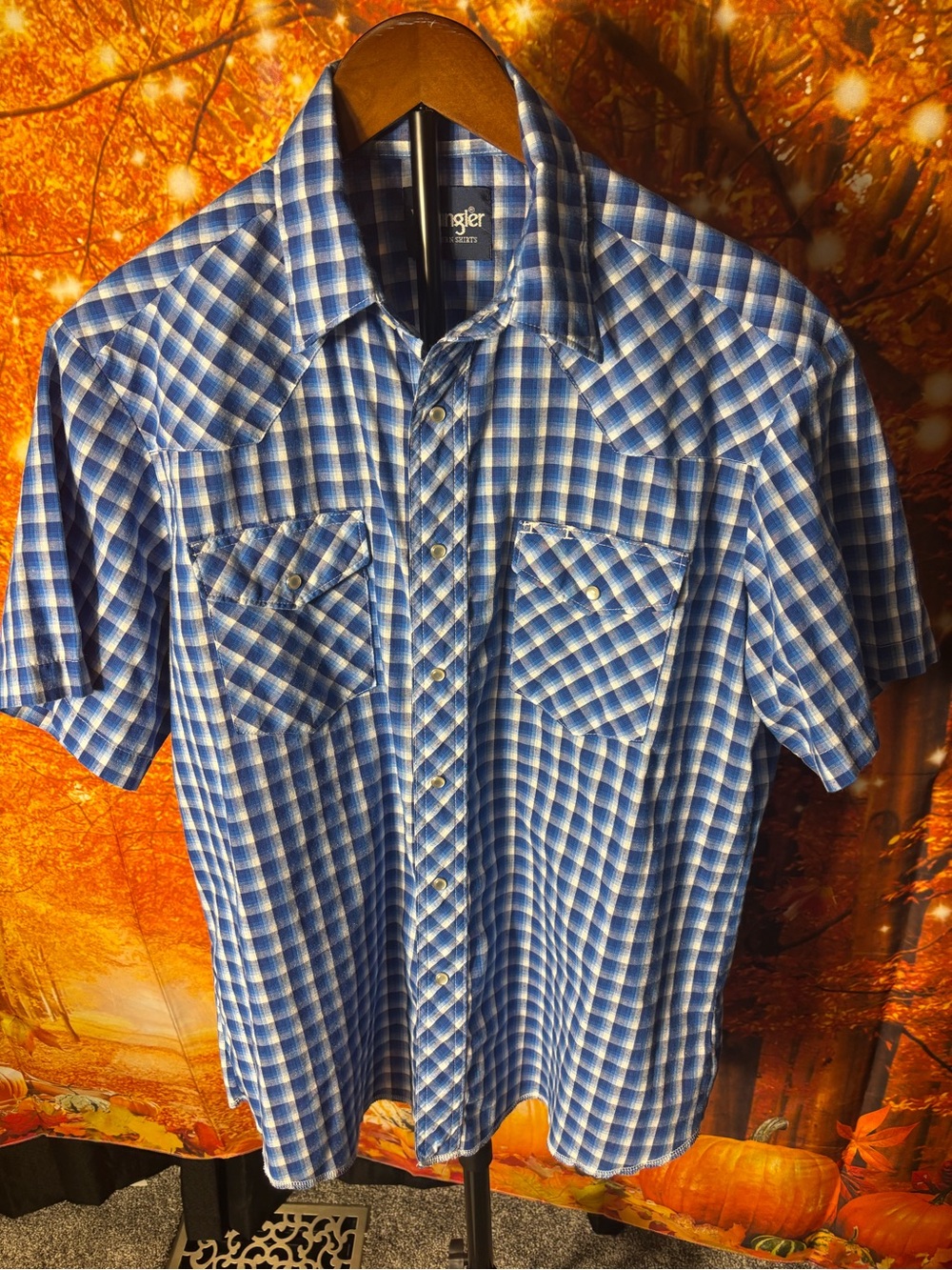 Wrangler Blue White Plaid Short Sleeve Western Shirt